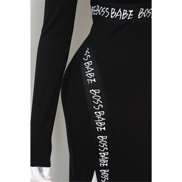 Women's Bodycon Maxi Dress Boss Babe Lettering Long Sleeve 2 Slit Hem Black - Picture 12 of 12